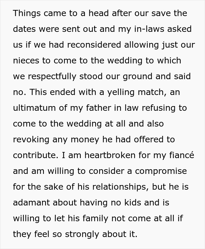 Screenshot of text describing an ultimatum from in-laws about a child-free celebration, involving threats to get what they want.