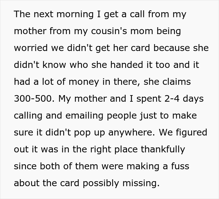 Screenshot of text detailing calls about a missing wedding card, escalating the wedding drama.