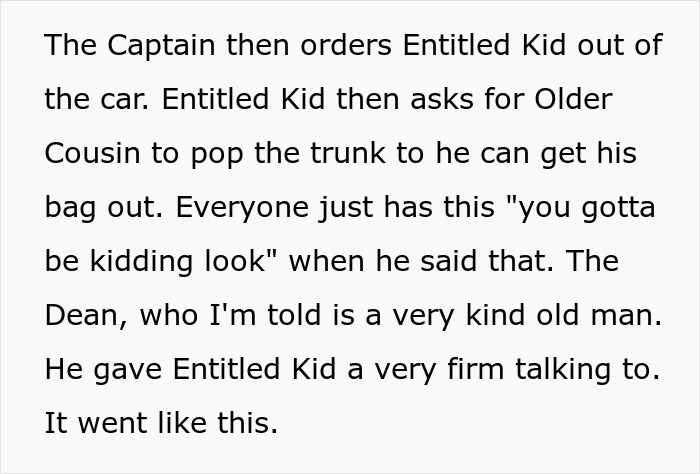 Text dialogue describing captain ordering entitled kid out of car with firm talking