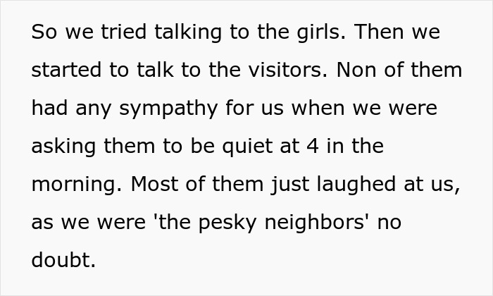 A screenshot of text about a fed-up neighbor confronting students about loud parties and being laughed at. A screenshot of text about a fed-up neighbor confronting students about loud parties and being laughed at.