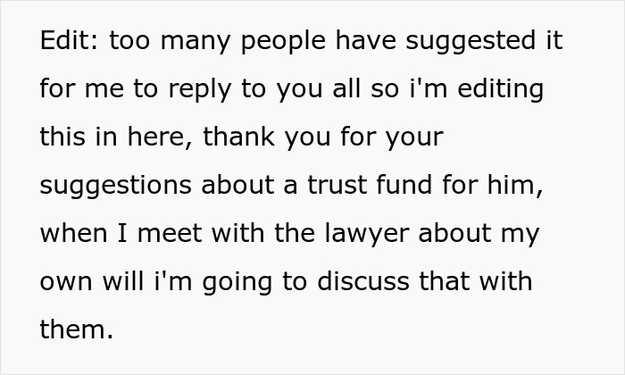 Text about a woman discussing a trust fund for her nephew with a lawyer for inheritance drama. Text about a woman discussing a trust fund for her nephew with a lawyer for inheritance drama.