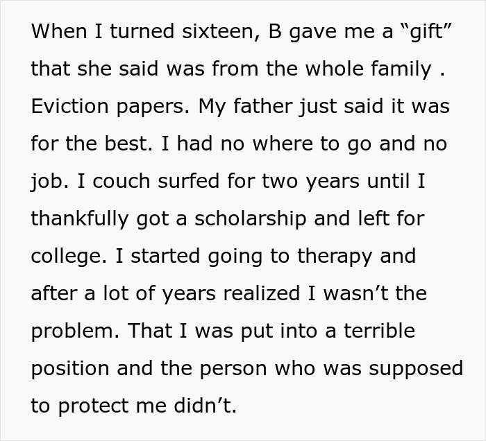 A screenshot of a text about being kicked out at 16, receiving eviction papers from an estranged dad. A screenshot of a text about being kicked out at 16, receiving eviction papers from an estranged dad.