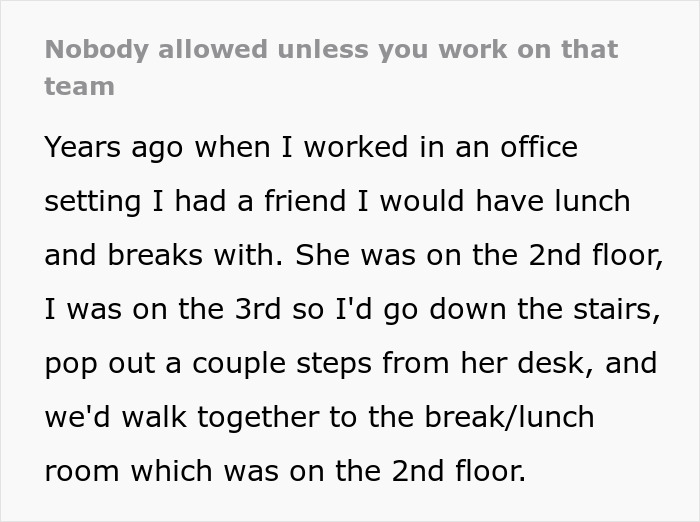 Text about office policy restricting access to team areas