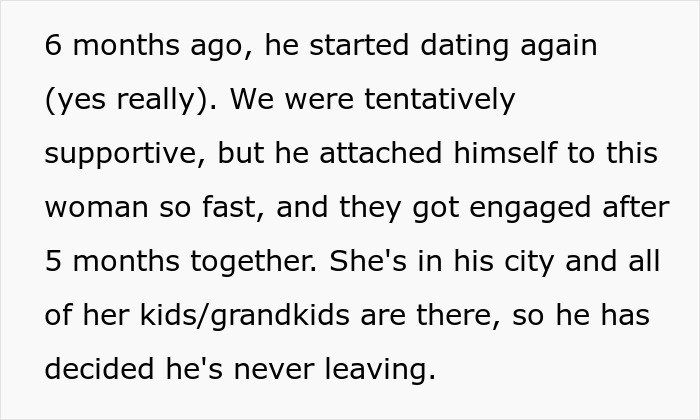 Text explaining the widowed dad's rapid remarriage within 6 months and engagement to a new woman. Text explaining the widowed dad's rapid remarriage within 6 months and engagement to a new woman.