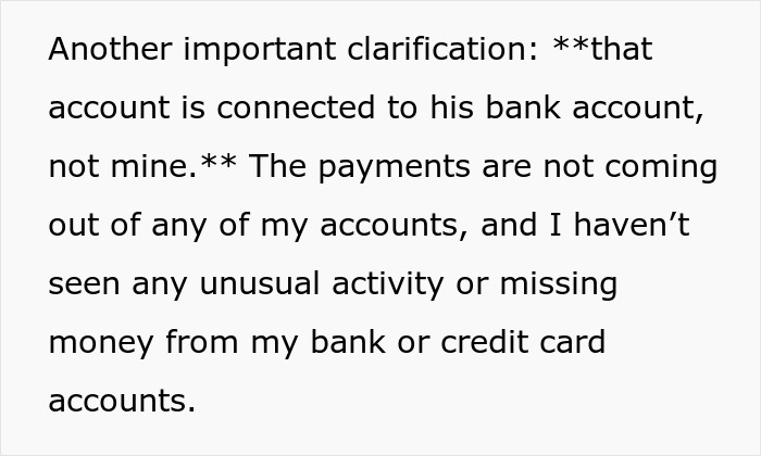 Text clarifying that the husband's spending account was connected to his bank, not the wife's separate finances.
