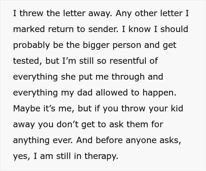 A screenshot of text expressing resentment and refusal to be a bone marrow match for an estranged dad's wife. A screenshot of text expressing resentment and refusal to be a bone marrow match for an estranged dad's wife.