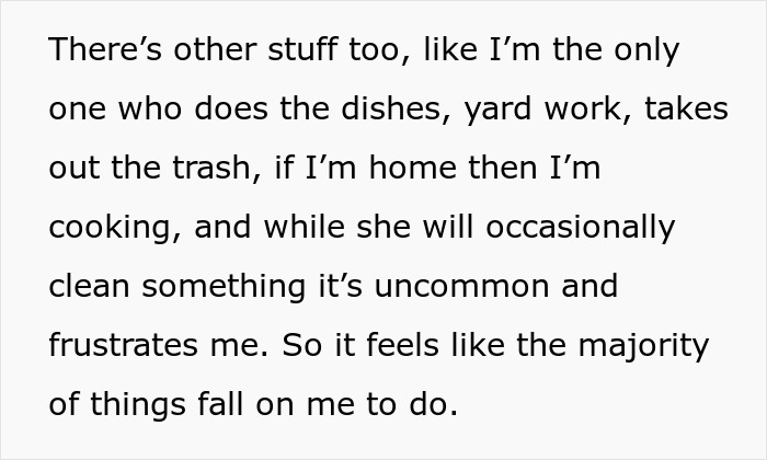 A screenshot of a husband describing an unfair division of household chores, pushing him closer to divorce. A screenshot of a husband describing an unfair division of household chores, pushing him closer to divorce.
