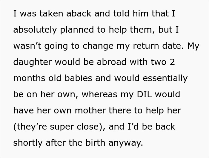 Text discussing the MIL choosing to stay with her daughter and twin newborns abroad. Text discussing the MIL choosing to stay with her daughter and twin newborns abroad.