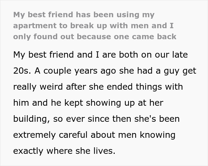 Screenshot of text: a friend uses an apartment to break up with men, discovered when one returns. Screenshot of text: a friend uses an apartment to break up with men, discovered when one returns.