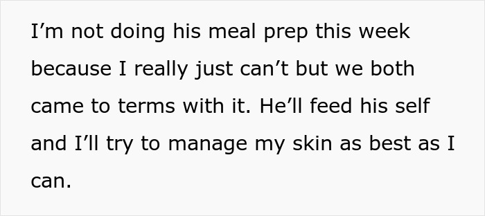 Woman refuses to cook, her husband will feed himself due to her allergy from raking.