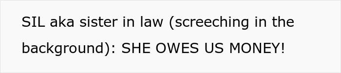 Text bubble: SIL aka sister in law (screeching in the background): SHE OWES US MONEY! Woman refuses to bail out bro. Text bubble: SIL aka sister in law (screeching in the background): SHE OWES US MONEY! Woman refuses to bail out bro.