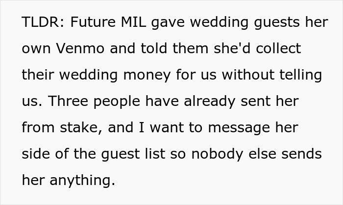 A TLDR post describing a MIL scamming wedding guests by taking Venmo money A TLDR post describing a MIL scamming wedding guests by taking Venmo money