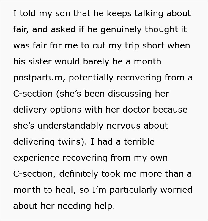 A black text image about a MIL choosing to stay with her daughter and twin newborns abroad instead of cutting her trip short. A black text image about a MIL choosing to stay with her daughter and twin newborns abroad instead of cutting her trip short.