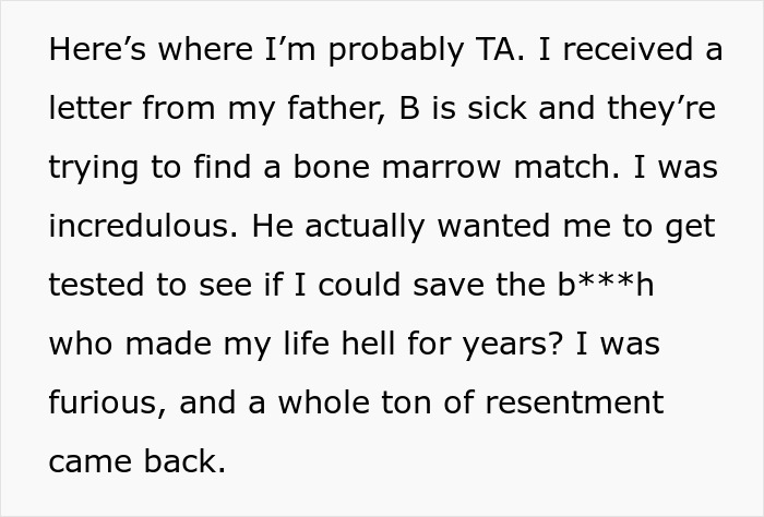 A screenshot of text about the request for a bone marrow match for an estranged dad's wife. A screenshot of text about the request for a bone marrow match for an estranged dad's wife.