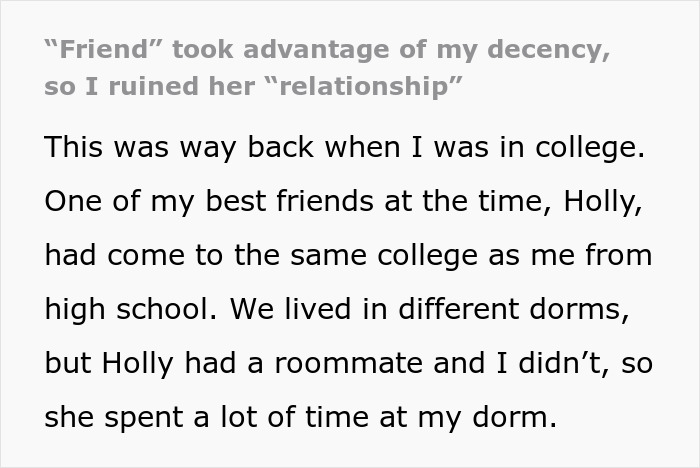 Text snippet telling a story about a fake friend who took advantage of a college roommate