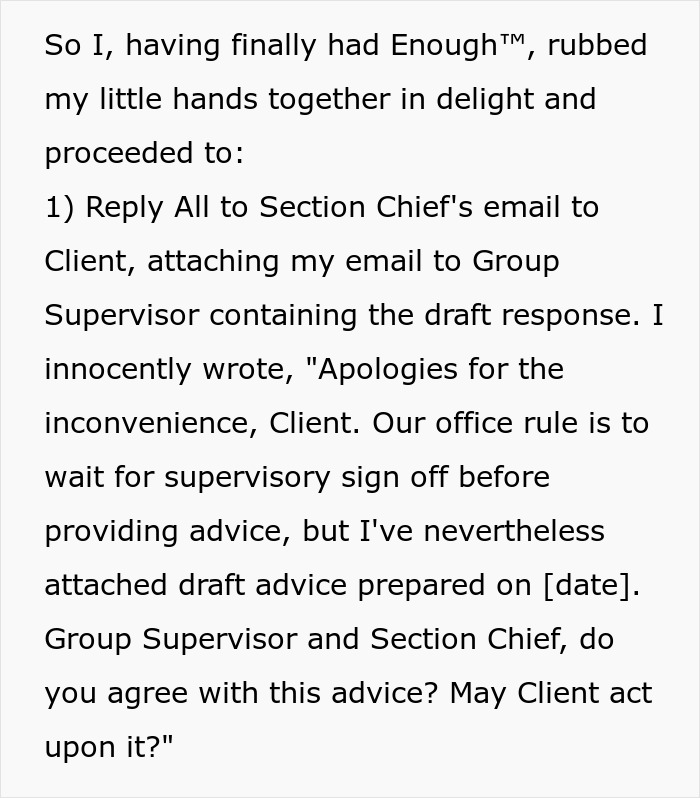 Text where an employee makes supervisors look bad by replying to a client, asking for sign-off approval. Text where an employee makes supervisors look bad by replying to a client, asking for sign-off approval.