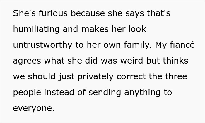 Black text describing a furious mother-in-law feeling humiliated over wedding guests communication. Black text describing a furious mother-in-law feeling humiliated over wedding guests communication.