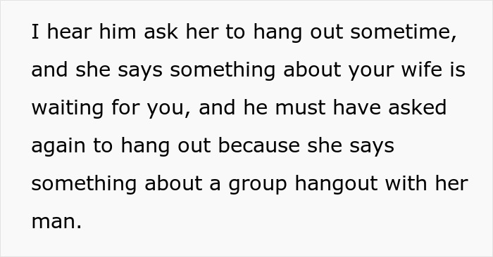 A wife overhears her hubby flirting with a woman, straining their marriage.