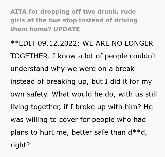Update text: GF and BF are no longer together after GF refused to drive two drunk women home. Update text: GF and BF are no longer together after GF refused to drive two drunk women home.