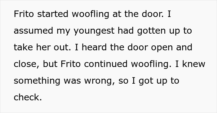 Text describing a dog, Frito, barking at the door, indicating a husband refusing to listen. Text describing a dog, Frito, barking at the door, indicating a husband refusing to listen.