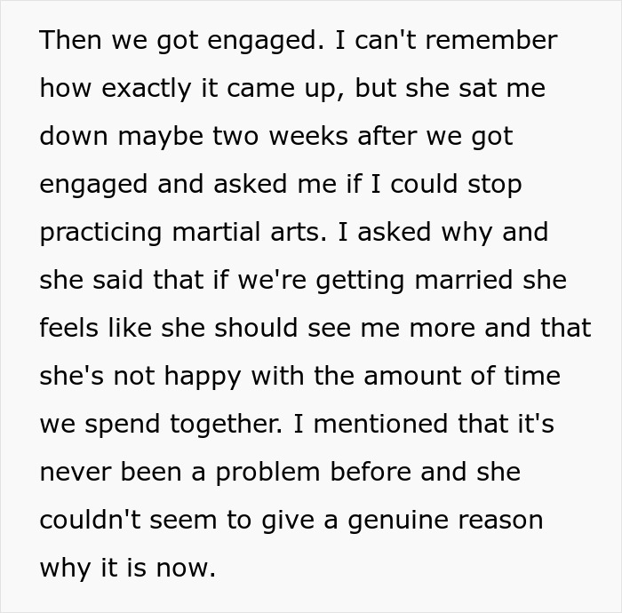 Text excerpt about fiance asking to stop practicing martial arts before marriage Text excerpt about fiance asking to stop practicing martial arts before marriage