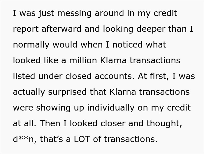 Screenshot of text detailing a wife finding numerous Klarna transactions on her credit report, revealing her husband's spending.