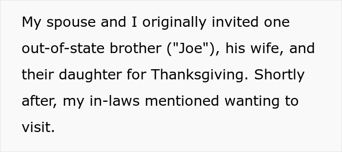 Text narrative detailing an invitation of an out-of-state brother and in-laws for Thanksgiving dinner. Text narrative detailing an invitation of an out-of-state brother and in-laws for Thanksgiving dinner.