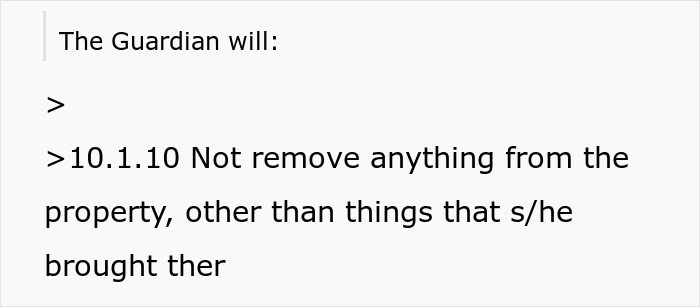 Screenshot showing clause 10.1.10 of a contract, stating the guardian will not remove property items. Screenshot showing clause 10.1.10 of a contract, stating the guardian will not remove property items.