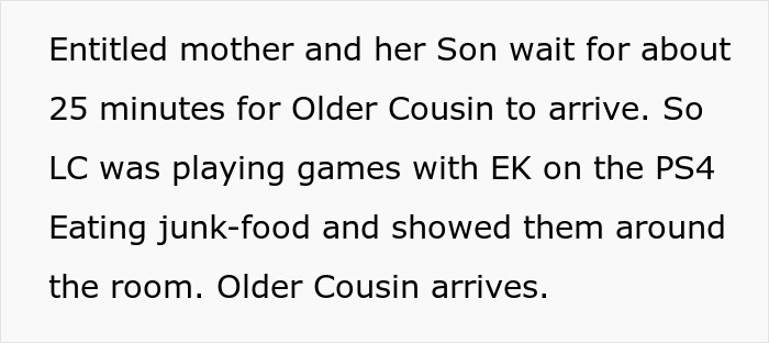 Text detailing mom and son waiting while little cousin plays PS4 and older cousin arrives