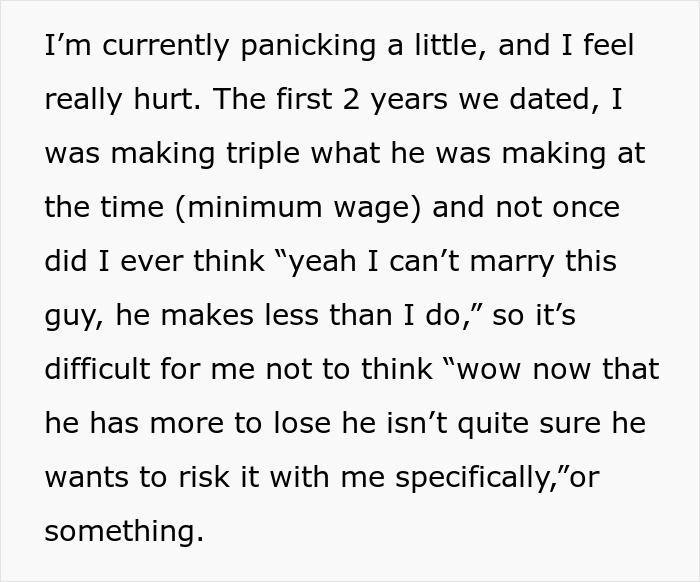 A screenshot of text where a GF expresses hurt after a guy's $200K salary impacts marriage plans. A screenshot of text where a GF expresses hurt after a guy's $200K salary impacts marriage plans.