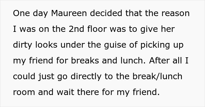 Text detailing conflict over office breaks and team area rules