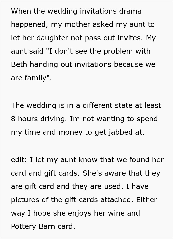 A screenshot from a post explaining the wedding drama with the cousin and the used gift cards.