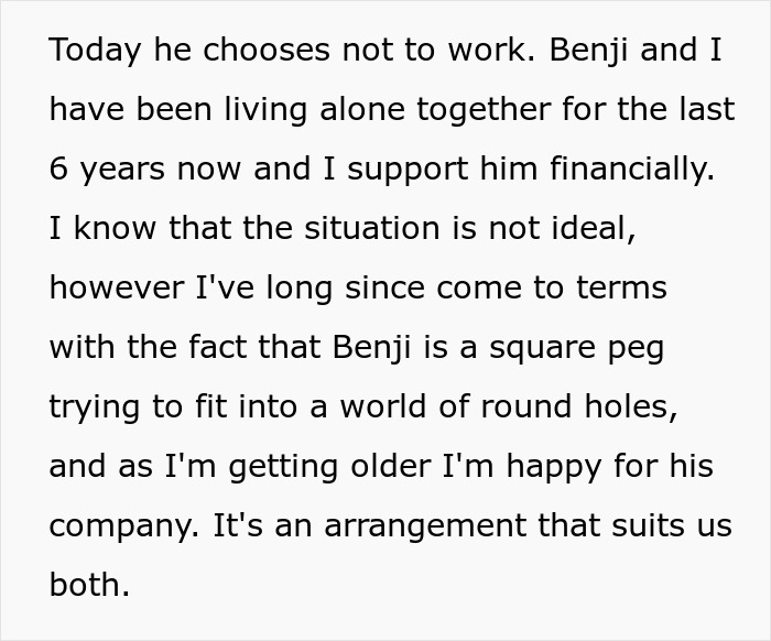 Text explaining how Benji chooses not to work, lives with his mother, who supports him financially, and impacts his inheritance. Text explaining how Benji chooses not to work, lives with his mother, who supports him financially, and impacts his inheritance.