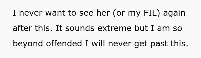 Text expressing extreme offense towards in-laws after incident