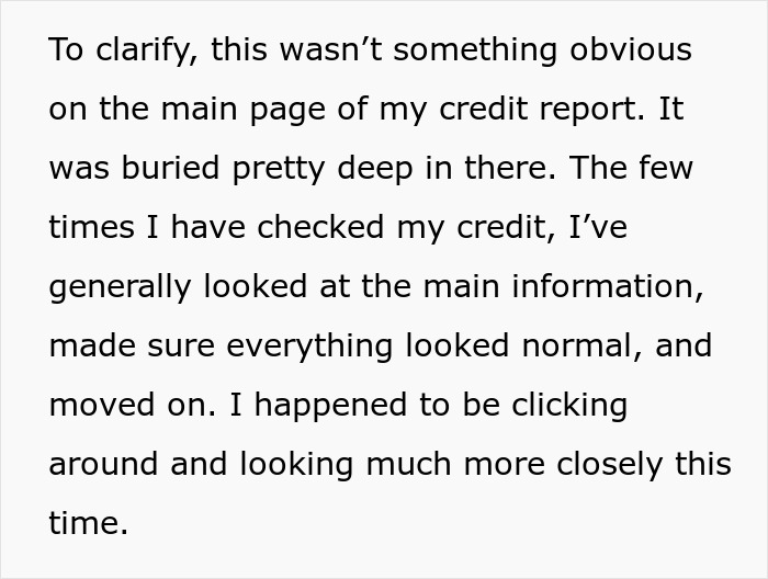 Screenshot of text explaining how a wife discovered deep, hidden transactions on her credit report, related to husband's spending.