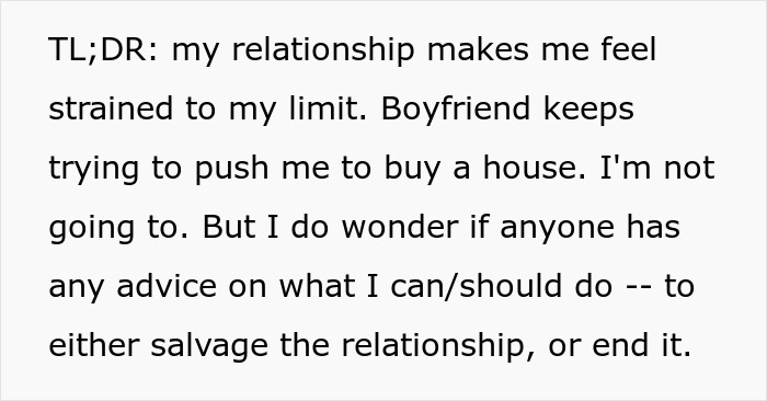A TLDR screenshot about a relationship strained by a jobless BF pushing to buy a house