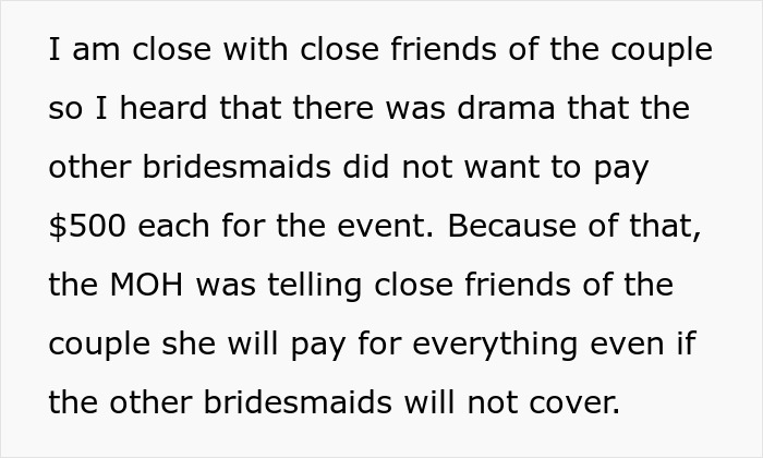 Screenshot of text detailing MOH drama, telling friends she'll pay for the bridal shower.