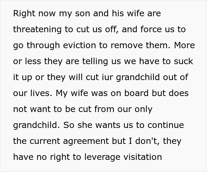 Text detailing the escalated conflict over the son's freeloading plan and the parents' free housing offer.