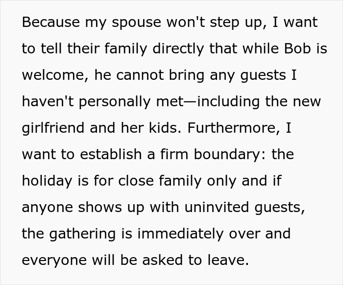 Text post about a BIL bringing a different GF to family Thanksgiving, establishing boundaries for the holiday. Text post about a BIL bringing a different GF to family Thanksgiving, establishing boundaries for the holiday.