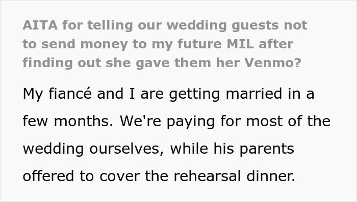 An online post discussing wedding guests and a rehearsal dinner conflict. An online post discussing wedding guests and a rehearsal dinner conflict.