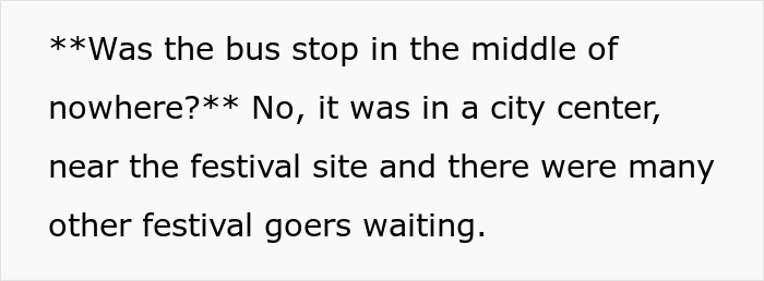 GF's update: the user confirms the bus stop was in a city center for the drunk women. GF's update: the user confirms the bus stop was in a city center for the drunk women.