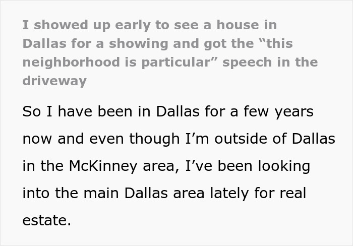 Screenshot of text about a man turned away by a realtor and neighborhood. Screenshot of text about a man turned away by a realtor and neighborhood.