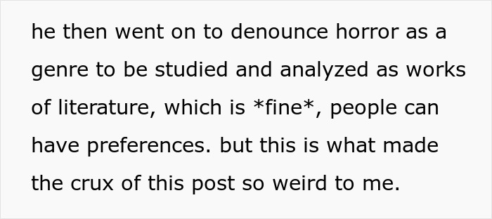 Text about boyfriend denouncing horror genre as literature
