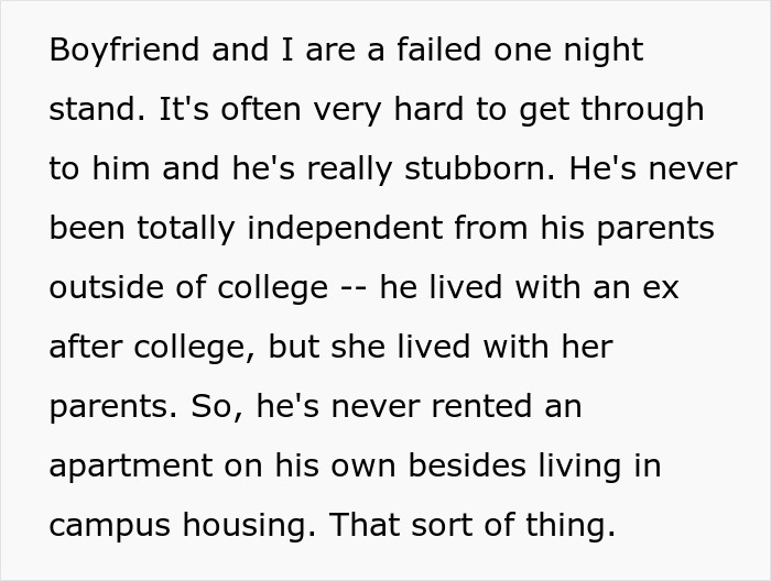 Story screenshot describing a stubborn boyfriend who has never rented on his own.