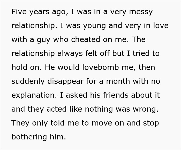 Screenshot of text describing a past messy relationship nightmare, where a woman was cheated on. Screenshot of text describing a past messy relationship nightmare, where a woman was cheated on.