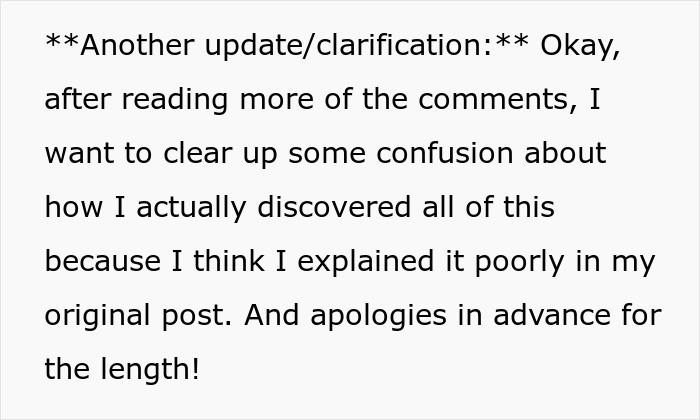 Text explaining an update from a wife about discovering her husband's spending and use of her financial information.