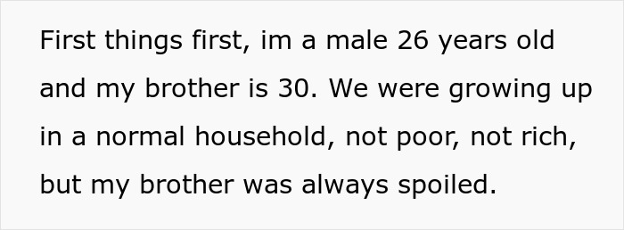 Screenshot of text discussing a 26-year-old male and his spoiled 30-year-old brother growing up. Screenshot of text discussing a 26-year-old male and his spoiled 30-year-old brother growing up.