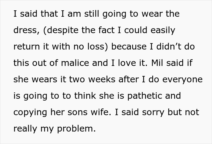 The bride refuses to change her wedding dress despite MIL's disapproval, creating conflict around the wedding dress. The bride refuses to change her wedding dress despite MIL's disapproval, creating conflict around the wedding dress.