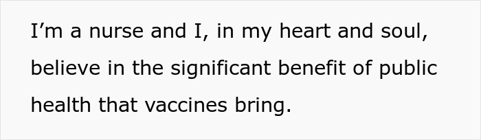 A black text story panel written by a nurse emphasizing the public health benefits of vaccines. A black text story panel written by a nurse emphasizing the public health benefits of vaccines.