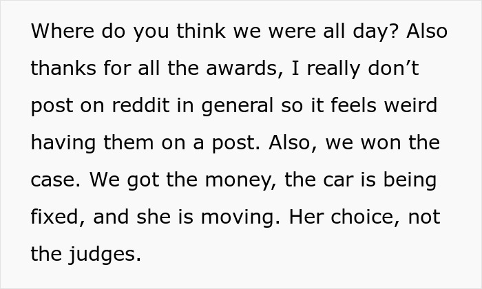 The text reveals a lawsuit outcome: the car is being fixed and Karen is moving after losing.